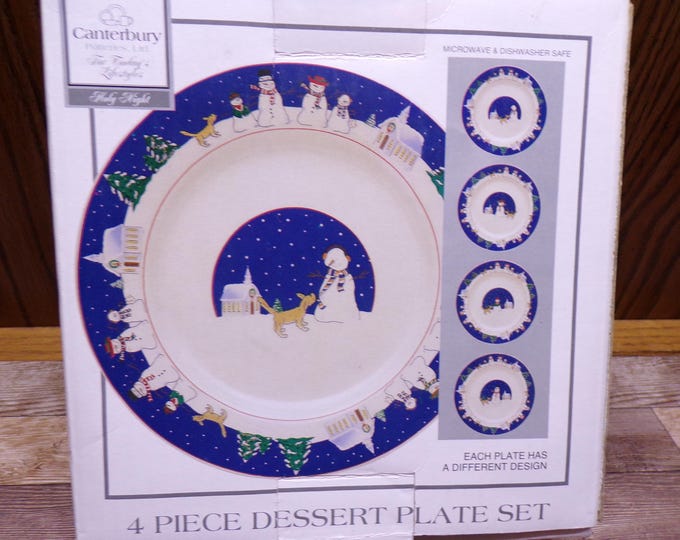 2511 Canterbury Potteries Holy Night 7.5" Dessert Snack Plates Set of 4 Christmas Holiday Snowman & Dog - New in Box