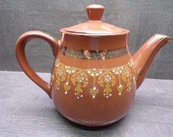 2608 Brown High Gloss Earthenware Teapot w/ Gold Accents Vintage 6" Hand-painted Coffee / Teapot