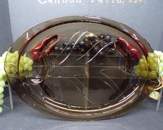 2308 Pyrex Tree of Life Meat Carving Tray, Tawny Brown Smoked Glass Serving Tray 14.75" x 10.25" Vintage - Very Good Condition