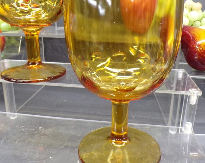 2303 Bartlett Collins Glass Amber Stemmed Footed Thumbprint Glasses 6.25" Set of 2 - Good Condition