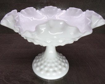 2602 Vintage Fenton Milk Glass Hobnail 6" Tall x 8" Wide Ruffled Footed Compote Candy Dish - Great Condition No Chips