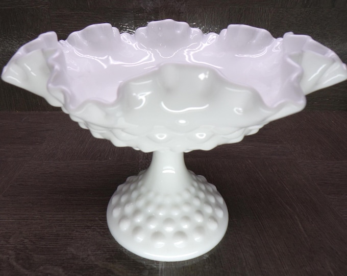 2602 Vintage Fenton Milk Glass Hobnail 6" Tall x 8" Wide Ruffled Footed Compote Candy Dish - Great Condition No Chips
