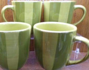 2505 Bella Ceramica Pastis Green Stripe Vintage 14 oz 4" Coffee Mugs Set of 4
