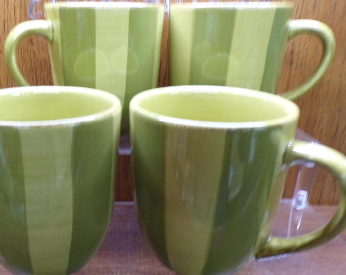 2505 Bella Ceramica Pastis Green Stripe 14 oz 4" Vintage Coffee Mugs Set of 4 - Great Condition