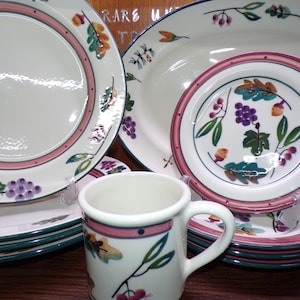 May include: A collection of white ceramic dinnerware with a floral and grape design. The set includes plates, a serving platter, and a mug. The plates have a pink and green border. The mug has a white handle.