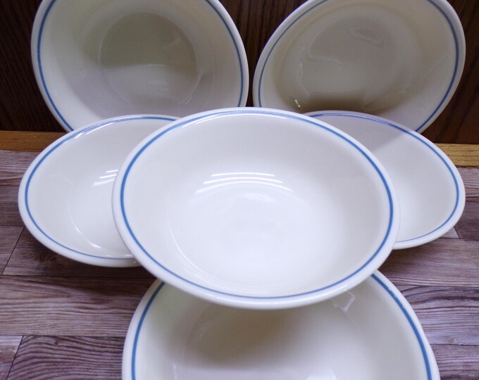 2508 Corelle Blue Lily 5.5" Berry Bowls Set of 6 Light Blue Rim on Almond - Good Condition