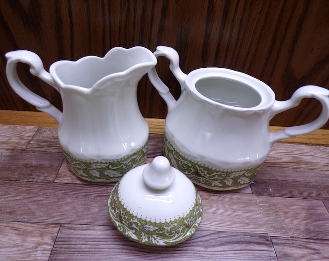 2509 J G Meakin Sterling Renaissance Green Vintage Ironstone 3 pc Cream & Sugar Set from Staffordshire England- Chip on Sugar Rim Good Cond.