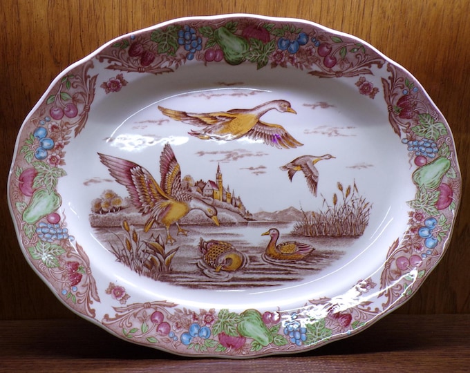2504 Vintage SM Japan 1950's Ironstone Transfer Ware 18" x 14" Oval Duck Waterfowl Platter - Good Cond. Tiny Chip on Rim Hard to See
