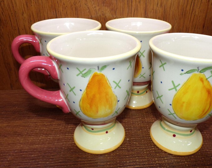 2506 Pfaltzgraff Secrets of Pistoulet By Jana Koplen 5" 14oz Footed Irish Coffee Mugs Set of 4 Decorated w/ Pears - Great Condition