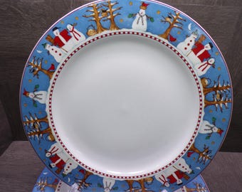 2608 Sakura Snowman 11' Dinner Plates Set of 4 Vintage 1998 by Debbie Mumm Winter, Christmas, Holiday Light Scratches