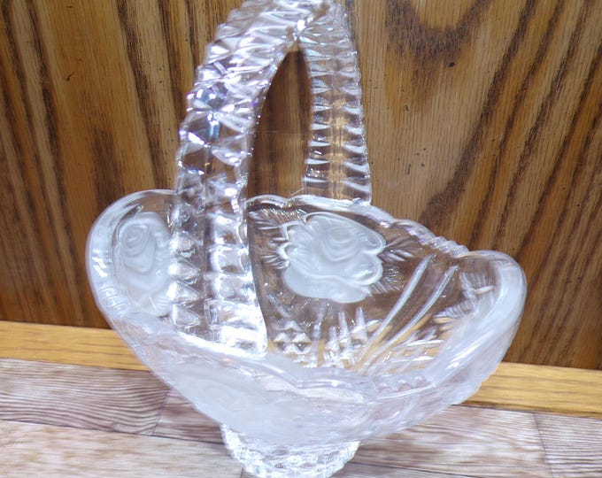 2508 Anna Hutte Bleikristall 24% Lead Crystal Vintage Footed Basket 6"x4.5"x7" Tall with Frosted Roses Made in Germany - Great Condition