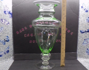 2212 Pale Green Glass Vase with Clear Foot 17" Tall x 7" Wide - Great Condition No Chips or Cracks
