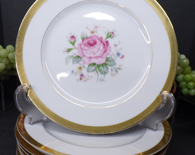 2305 Style House Dresden Bouquet Fine China 10.5" Dinner Plates Set of 4 - Gold Rim Pink Floral- Good Condition No Chips or Cracks