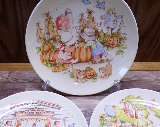 2511 Country Kids by Watkins Vintage 1991 Stoneware 7.5" Snack / Dessert Plates Set of 3 - Great Condition