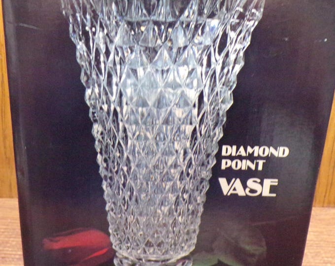 2507 Indiana Glass Diamond Point 8" Vintage Footed Vase - Excellent Condition in Original Box