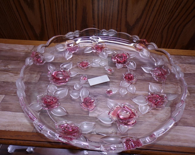 2509 Mikasa Bella Rosa SA911/313 Pink Frost 13" Crystal Glass Serving Platter with Pink Roses - Excellent Condition in Orig. Box