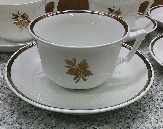 2409 W Adams & Sons Real English Ironstone Micratex 8 pc Set Bronze Rim and Trim Tea Leaf Copper (4) Cups and (4) Saucers - Great Condition