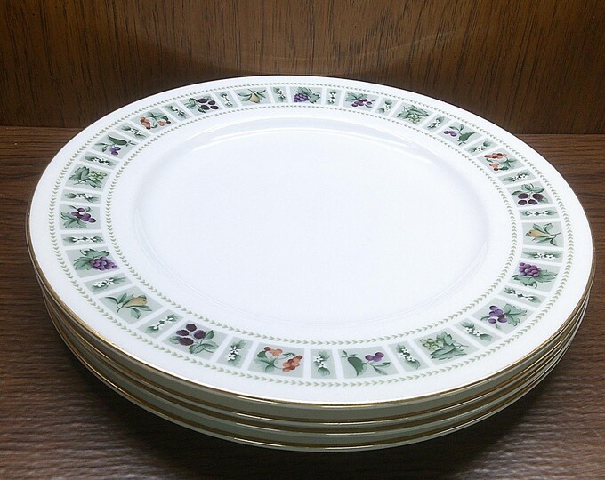 2501 Royal Doulton Tapestry English Translucent China 10.5" Plate Set of 4 - Fruit Pattern w/ Gold Rim Made in England - Great Condition