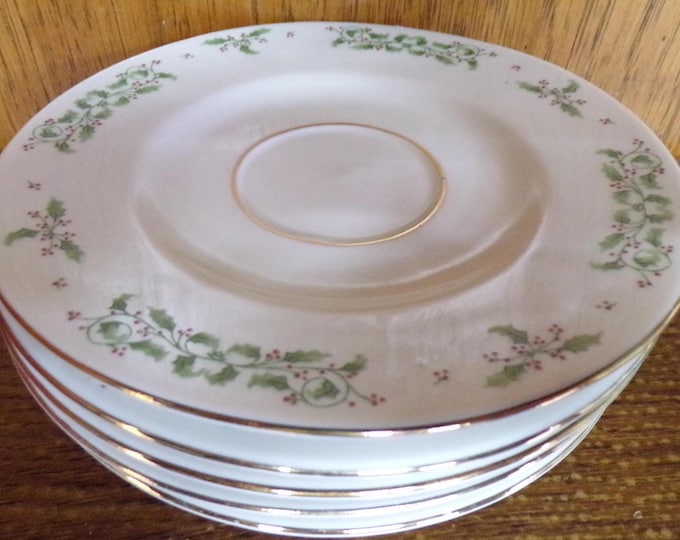 2505 Gibson Everyday Holiday Charm Holly & Berry 6.25" Gold Rim Saucers Set of 5 Christmas Holiday - Great Condition