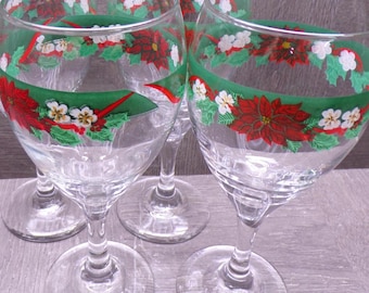 2606 Tienshan Deck the Halls Red Ribbon & Poinsettia Vintage 10 oz 7.5" Glasses Set of 6