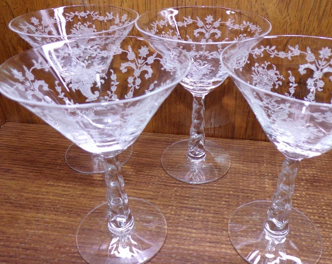 2506 Fostoria Glass Mayflower 5.5" 6 oz Vintage Champagne Glasses Set of 4 Etched Floral Cornucopia w/ Twisted Stem - Great Condition