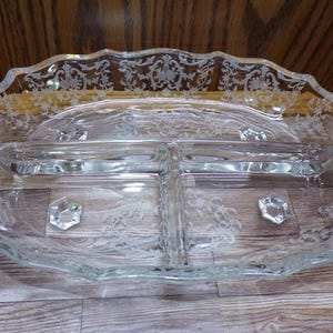 2508 Fostoria Glass Navarre Etched Floral Footed 12&quot; Oval Divided 3 part Vintage Serving Dish w/ Embossed Handles - Great Condition
