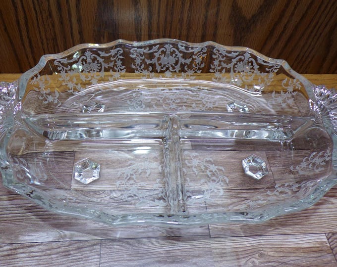 2508 Fostoria Glass Navarre Etched Floral Footed 12" Oval Divided 3 part Vintage Serving Dish w/ Embossed Handles - Great Condition