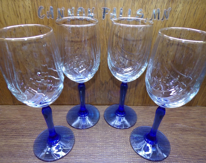 2506 Lenox Drapery Swirl Crystal 8" Wine Glass Set of 4 with Royal Blue Stem & Gold Rim - Great Condition