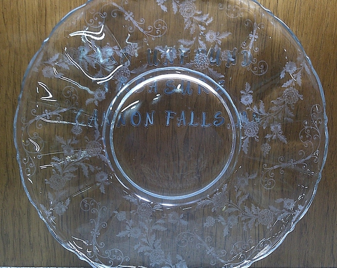 2408 Beautiful Etched Floral Clear 14" Raised Rim Vintage Paneled Glass Serving Platter - Good Condition w/ Couple Light Scratches in Center