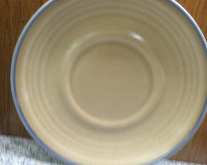 2408 Pfaltzgraff Folk Art Stoneware Pottery Saucers Set of 5 Tan w/ Blue Rim Made in USA - Excellent Condition