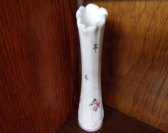 2506 Westmoreland Milk Glass 9" Vintage Raised Grape & Leaf Bud Vase with Hand painted Flowers
