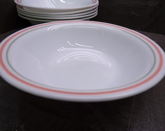 2605 Corelle Peach Floral 7.25" Cereal / Soup Bowls Set of 6 Peach & Green Rim