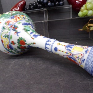 2309 Hand-Made Chinese Porcelain Vase 12&quot; Vintage - Ducks, Birds, Blue Green Red Floral - Great Condition