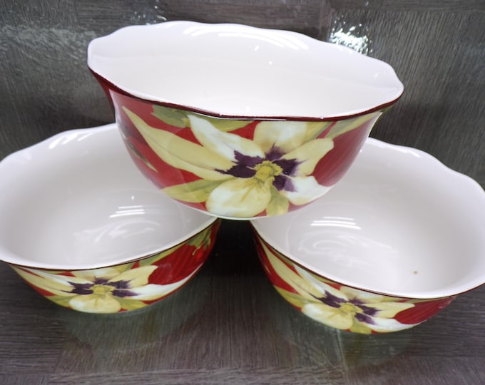 2508 222 Fifth Bellize 5.5" Soup Bowls Vintage Mugs Set of 3 Red Floral Hummingbird - Great Condition