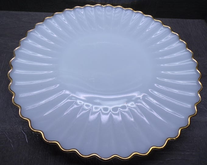 2604 Anchor Hocking Fire King Vintage Milk Glass Swirl 14.25" Platter w/Gold Rim