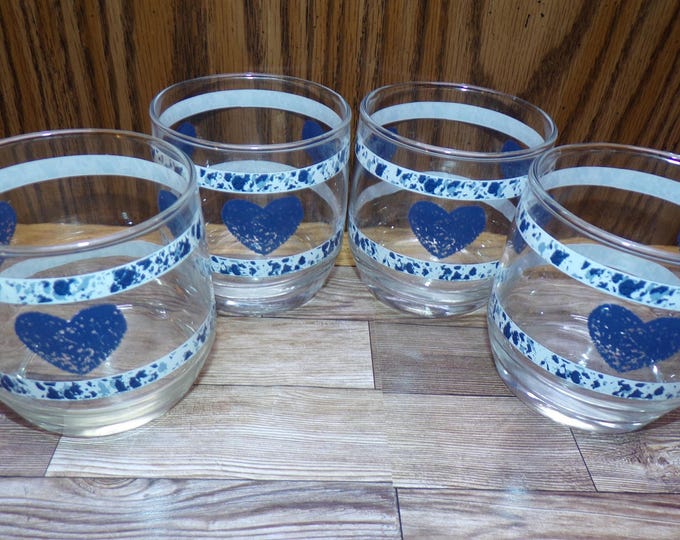 2508 Anchor Hocking 3.25" Blue Heart Vintage Lowball Juice Tumblers Set of 4 - Great Condition
