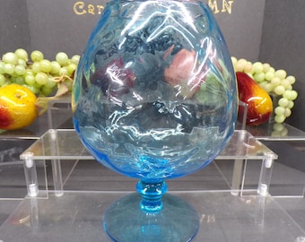 2303 Beautiful Blue Quilted Glass Pedestal Candy Dish / Candle Holder 8.5" Tall x 6" Wide - Great Condition