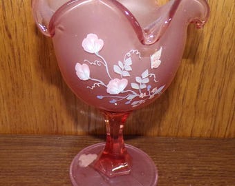 2503 Fenton 6.25" Pink Inside Frosted Footed Compote Candy Dish w/ Hand-Painted Flowers by D. Gersel - Great Condition
