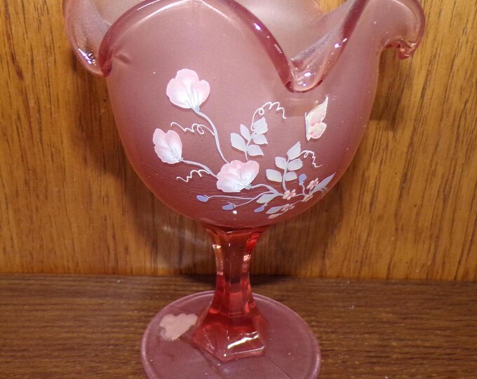 2503 Fenton 6.25" Pink Inside Frosted Footed Compote Candy Dish w/ Hand-Painted Flowers by D. Gersel - Great Condition