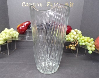 2305 Criss-Cross Ribbed Heavy Glass Vase Vintage 10.75" - Good Condition - No Chips or Cracks