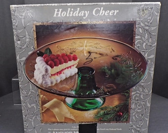 2301 Anchor Hocking Glass Holiday Cheer Green Footed Clear Embossed 13" Vintage Cake Platter