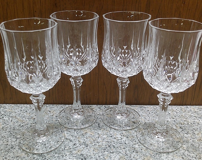 2309 Cristal D'Arques Paris 24% Lead Crystal LongChamp Clear 6.5" Stemmed 5.75 oz Vintage Wine / Water Glasses Set of 4- Excellent Condition