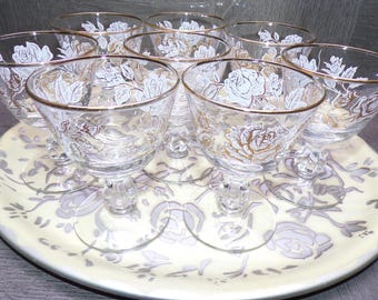 2609 Libbey Glass Rose Bouquet Vintage 1963 White Gold Rose 8 oz 4" Goblets Set of 8