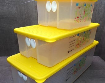 2608 Tupperware Fridgesmart Clear / Daffodil Yellow Refrigerator Containers Set of 3 w/ Lids & Vents