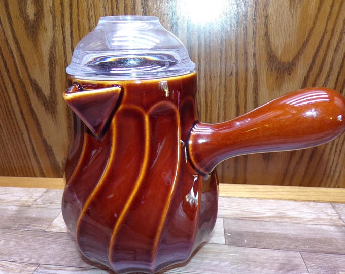 2509 Paula Dean Signature Brown Stoneware Teapot w/Side Handle & Clear Plastic Cover - Great Condition