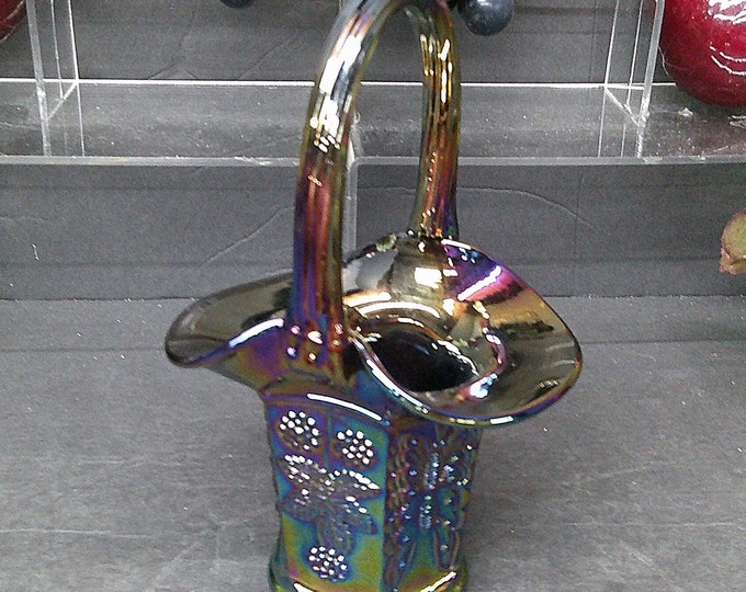 2404 Fenton Amethyst Purple Iridescent Carnival Glass 6.75” Basket - Butterfly & Berry - Great Condition w/ Fenton Sticker