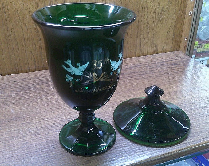 2412 Viking Glass Emerald Green 35th Anniversary 9" Tall Footed Candy Jar w/Lid Vintage 1979 - Great Condition