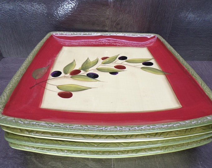 2602 Clay Art Antique Olive Hand-painted 11" Square Dinner Plates Set of 4 - Good Condition