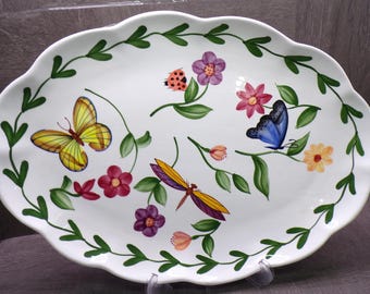 2609 Pacific Rim 15" Oval Platter Hand-painted Garden Motif with Wildflowers & Butterflies