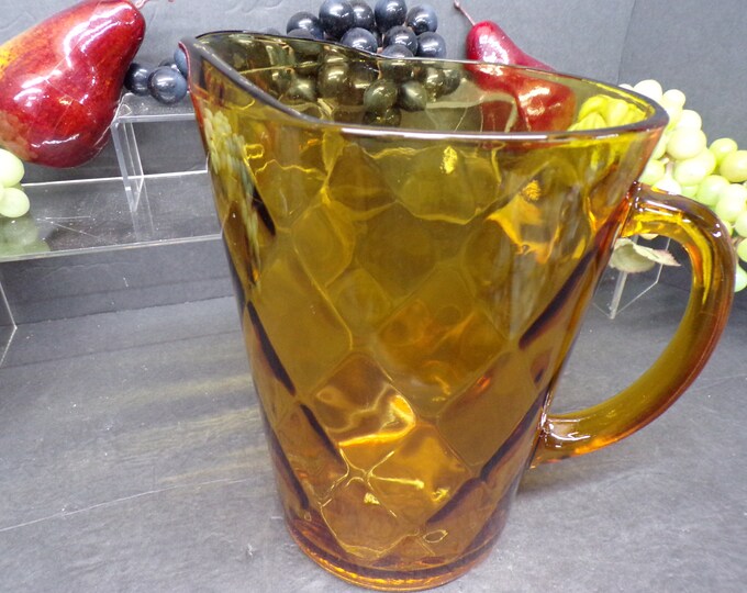 2311 Hazel Atlas Diamond Optic 8.25" Golden Amber Glass 56oz Pitcher Vintage 1960's - Very Good Condition No Chips or Cracks
